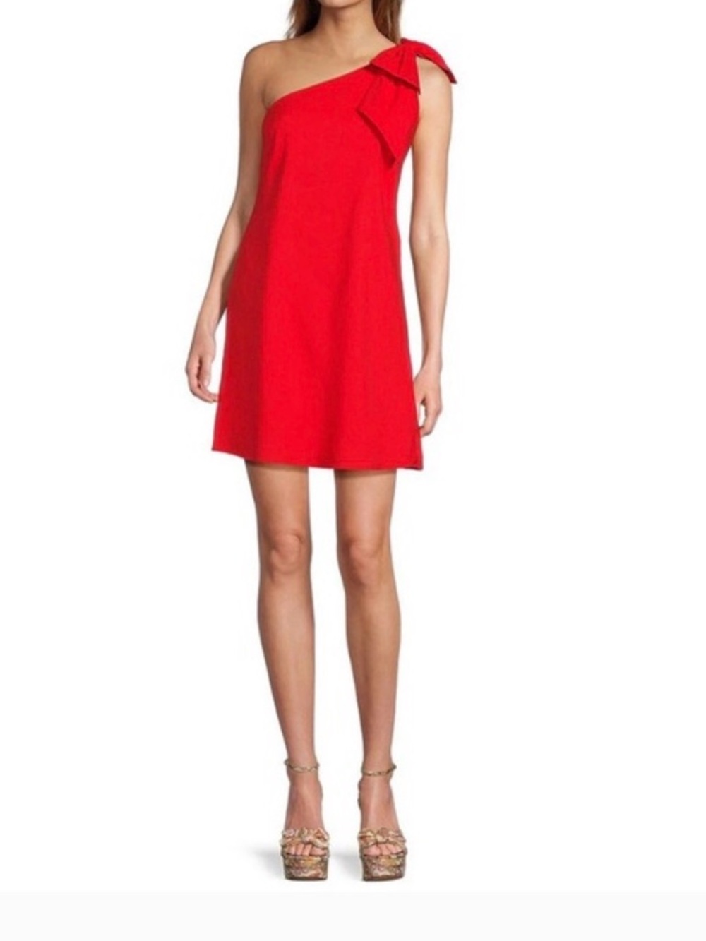 ANTONIO MELANI Red Linen Blend One-Shoulder Bow Mini Dress